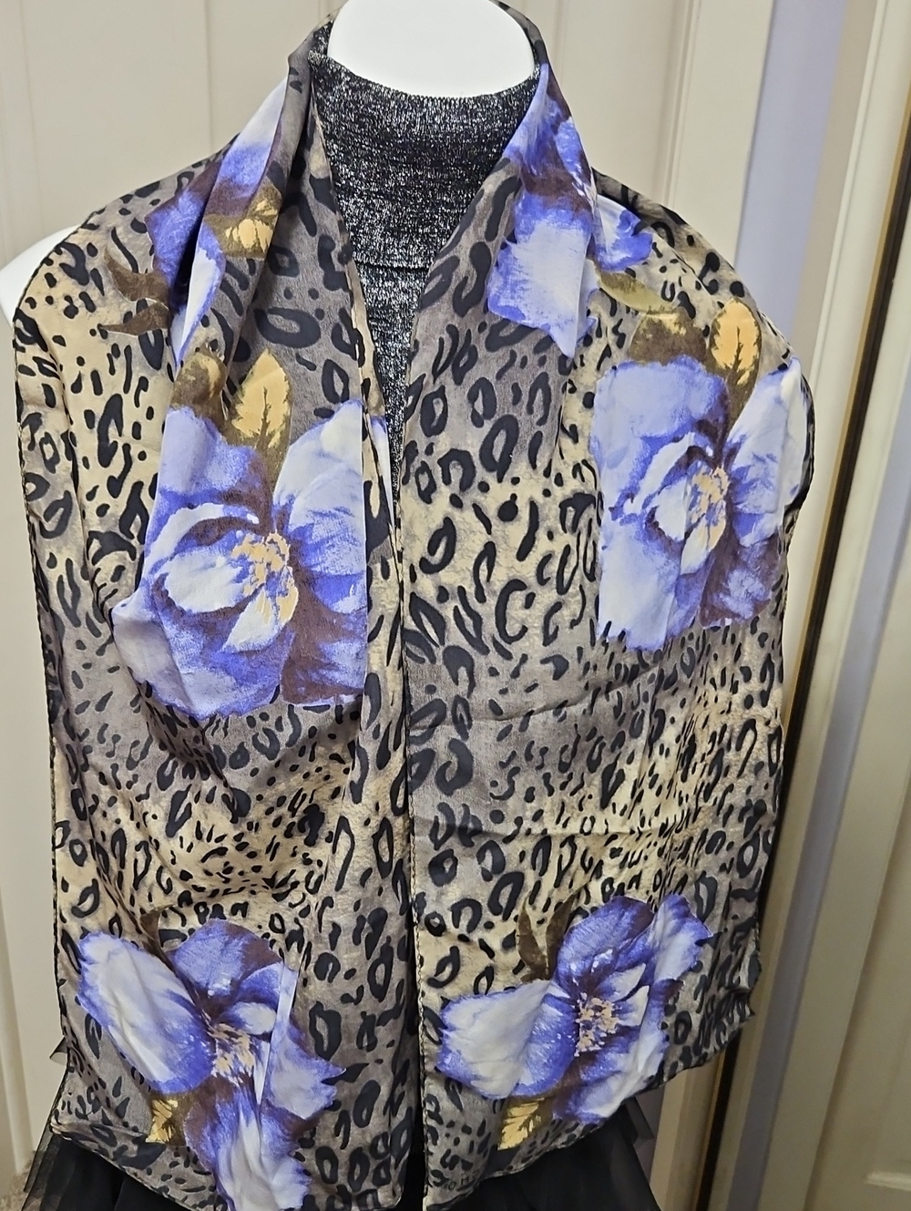Floral Leopard Print Lightweight Scarf Jacket - Blue/Tan